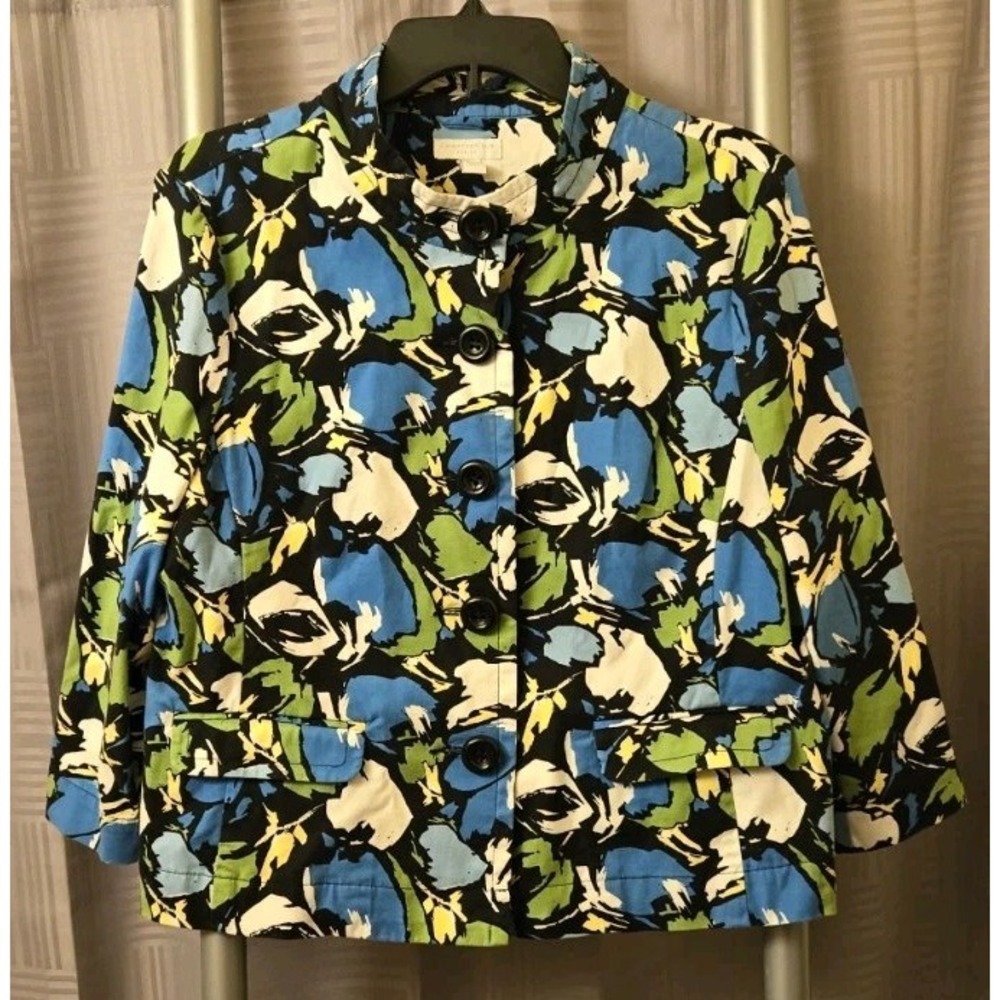 Charter Club Petite Medium Floral Abstract Blue‎ Black Green Jacket 3/4 Sleeve